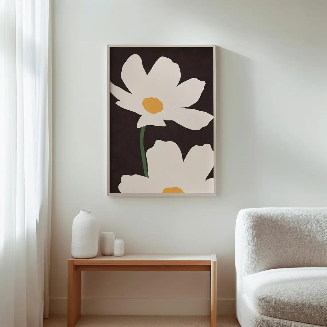 "Mid-Century Modern Minimalist Floral Art Print: Bold Black Double-Flower Design with Playful Orange Polka-Dot Centers, Perfect Peaceful Pleasures Health and Wellness TR122811-3 20x30cm Unframed