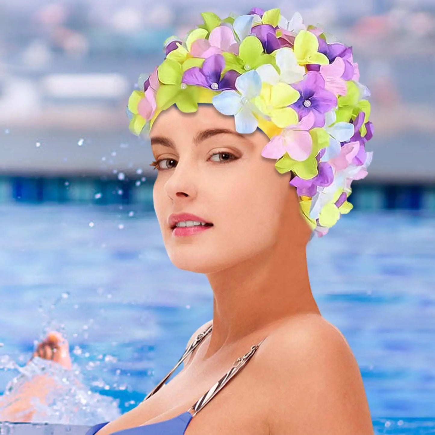 3D Floral Petal Swim Cap – Retro Stretch Hat for Women