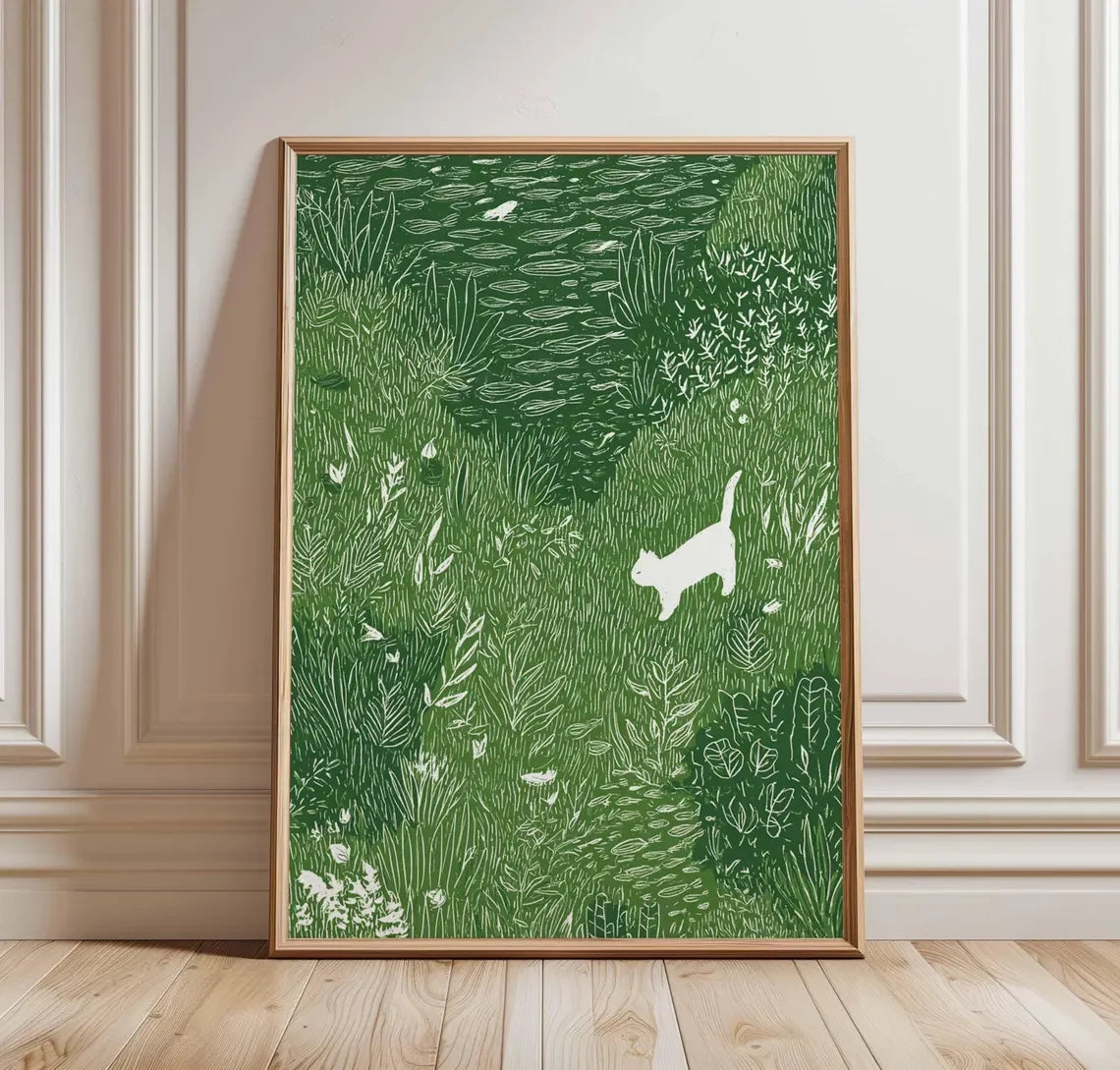 White Cat in Meadow Canvas Poster | Whimsical Animal Wall Art Canvas Wall Art Peaceful Pleasures Health and Wellness TR12292 30x40cm Unframed