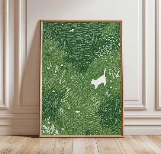 White Cat in Meadow Canvas Poster | Whimsical Animal Wall Art Canvas Wall Art Peaceful Pleasures Health and Wellness TR12292 30x40cm Unframed