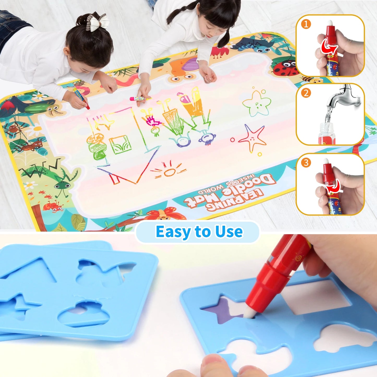 80x60CM Kids Coloring Doodle Magic Water Drawing Mat Reusable Pens