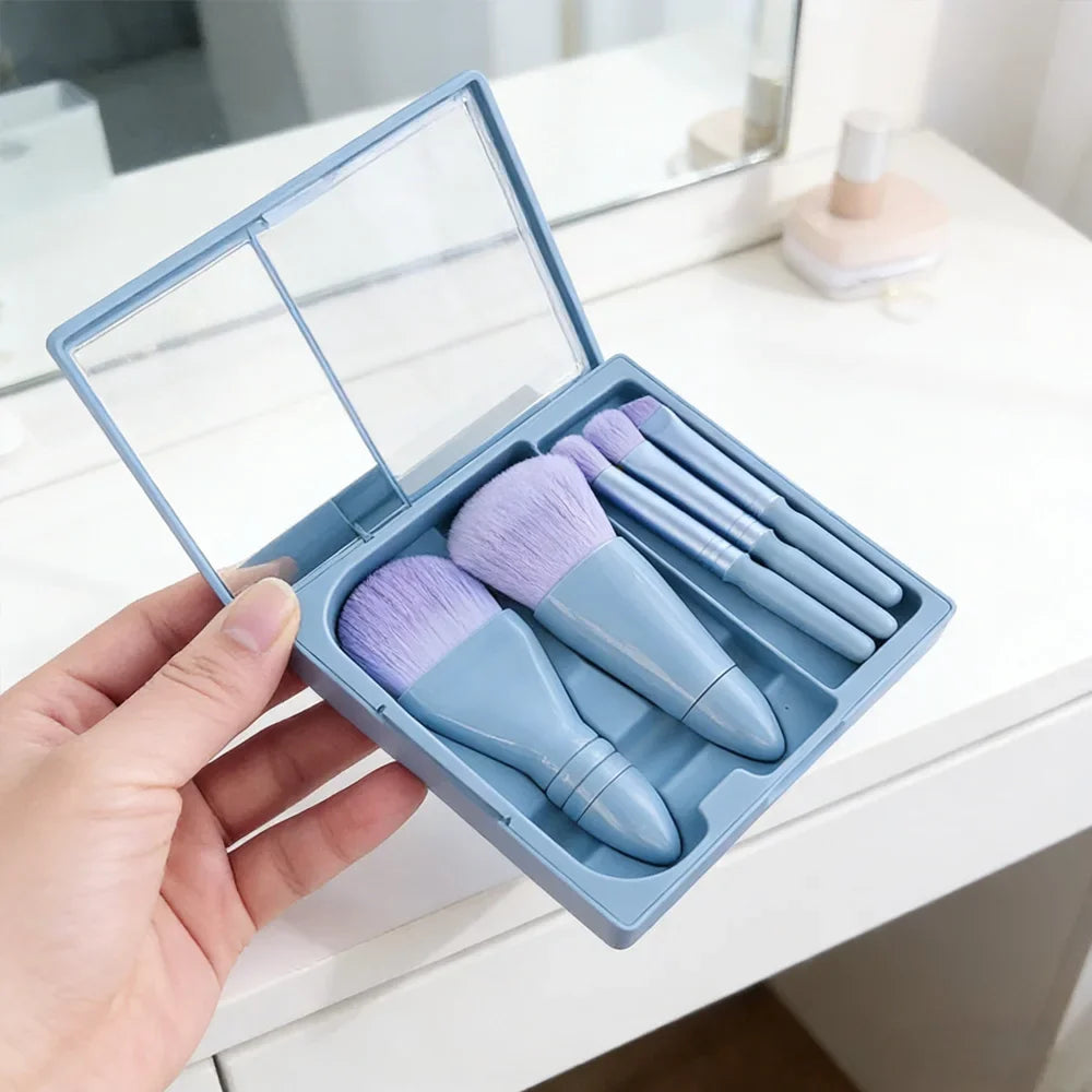 5Pcs Portable Makeup Brush Set With Mirror - Foldable Travel Kit ，Mini Makeup Brush Set Travel Makeup Brush Set Peaceful Pleasures Health and Wellness Blue
