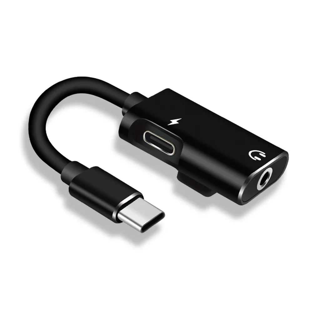 2-in-1 USB-C to 3.5mm Jack Adapter Type C Audio Splitter Headphone Charger Dongle for Xiaomi Huawei Type C Phones Peaceful Pleasures Health and Wellness black