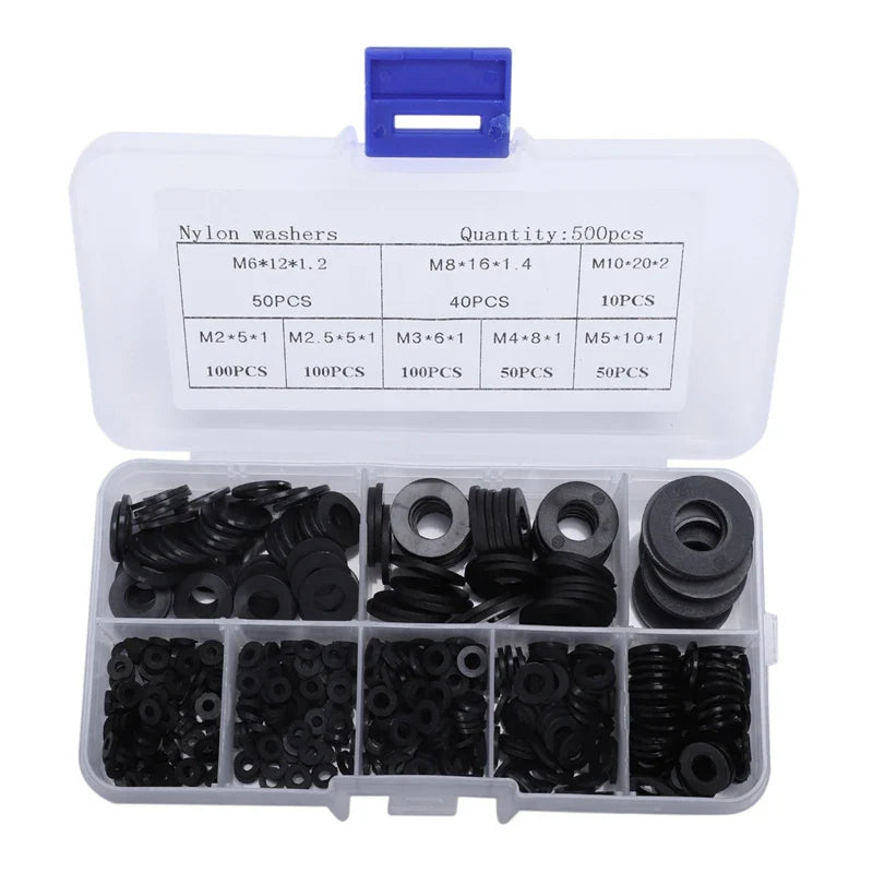 Nylon Flat Washer Assortment Kit M2–M10 | 500-Piece with Box