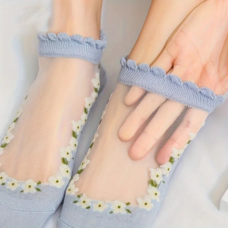5 Pairs Women Sheer Ankle Socks Floral Embroidered Mesh Short Socks Breathable Ruffle Cuff Summer Casual Office Wear Peaceful Pleasures Health and Wellness