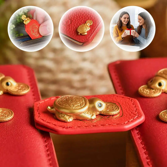 Gold Fortune Turtle Figurine with Leather Case – Lucky Gift Miniature Figurine Peaceful Pleasures Health and Wellness