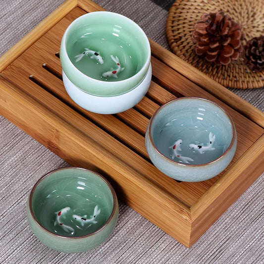 60ml Crackle Golden Fish Celadon Porcelain Teacups Delicate Longquan Tea Cup Bowl Kungfu Serviceable Chinese Tea Cup Tea Making Peaceful Pleasures Health and Wellness