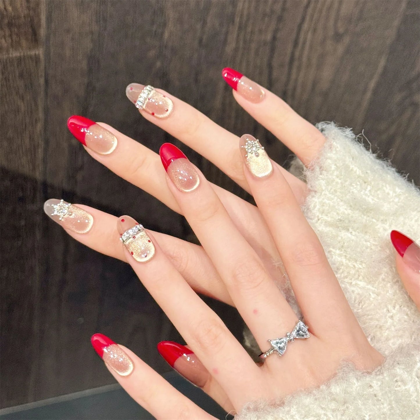 10pcs Handmade Press on Nails Gold Crystal Cat's Eye Fake Nails Wearable Champagne Rhinestone False Nails Elegant Red French Tip Peaceful Pleasures Health and Wellness