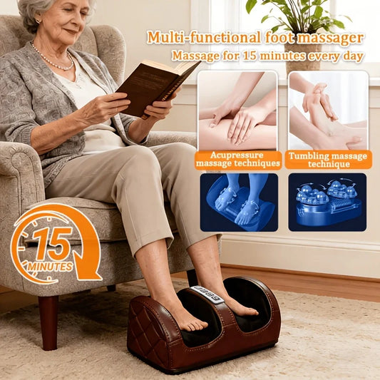 Electric Brown Foot Massager. Roller Acupressure Relaxation Massage, Targeted Massage of Foot Meridian Points. Two-Way Motion Modes, 3 Levels of Massage Intensity. Especially Suitable for Use on Calves, Feet, Legs, and Hands. Peaceful Pleasures Health and Wellness