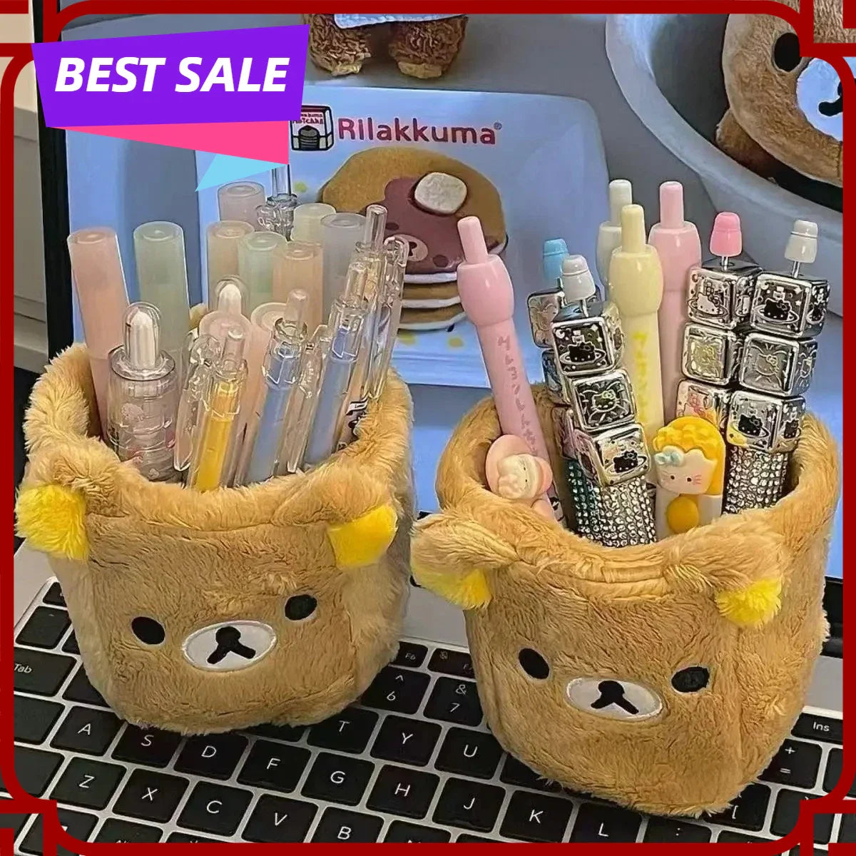 Kawaii Plush Pencil Holder – Bamboo Desk Organizer & Storage Box