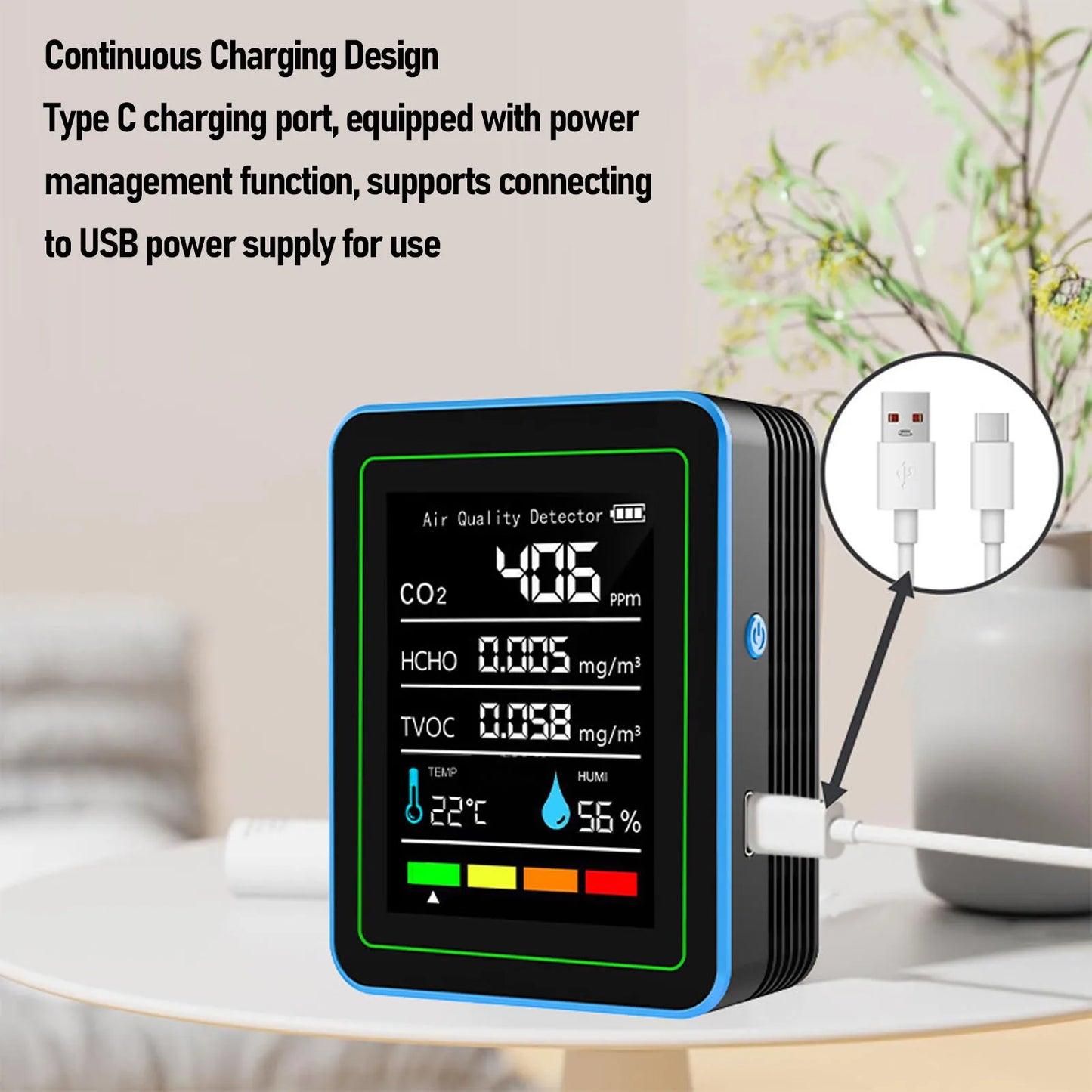 Air Quality Detector 5 in 1 LCD Color Screen Long Battery Life CO2 TVOC HCHO Meter Fast Data Refresh Rechargeable for Office Peaceful Pleasures Health and Wellness