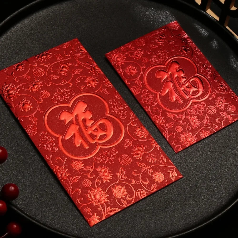 6pcs 3D Chinese New Year Red Envelope Hot Stamping Solid Red Packet Blessings Printing Thickened Lucky Money Bag Wedding Peaceful Pleasures Health and Wellness S-Style B