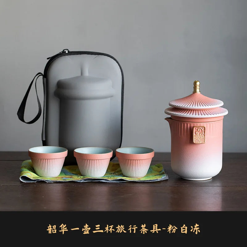 Palace Museum Ceramic Travel Tea Set | Chinese Style Ceramic Tea Set Peaceful Pleasures Health and Wellness Pink Five-piece Set