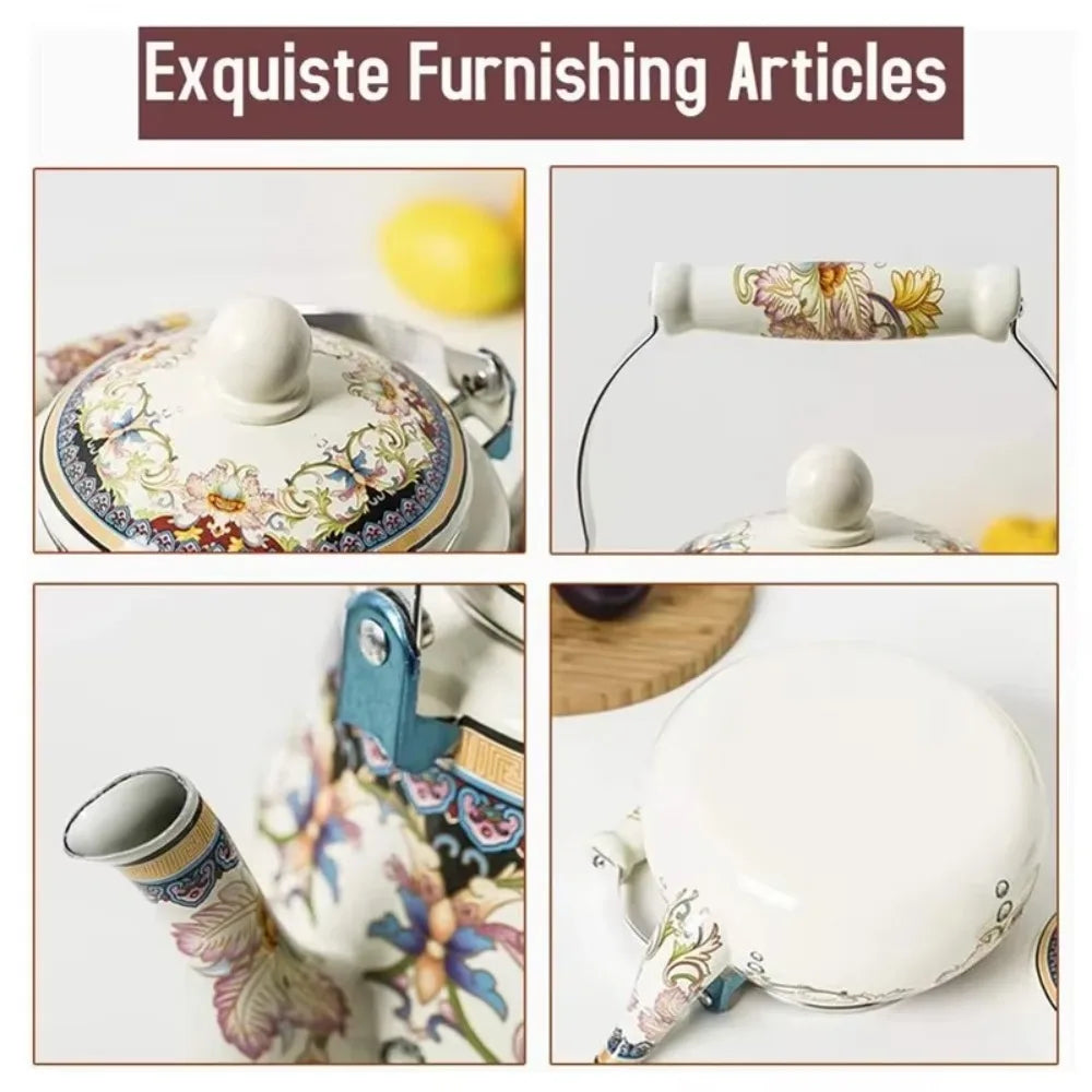 Chinese Style Enamel Teapot Floral Enameled 2.5L Gas Water Kettle Antiscald Handle Pear-shaped Coffee Pot Gas Induction Cooker Peaceful Pleasures Health and Wellness