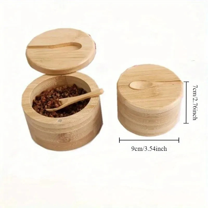 Bamboo Seasoning Jar with Magnetic Lid & Spoon – Salt, Pepper & Condiment Storage Pot