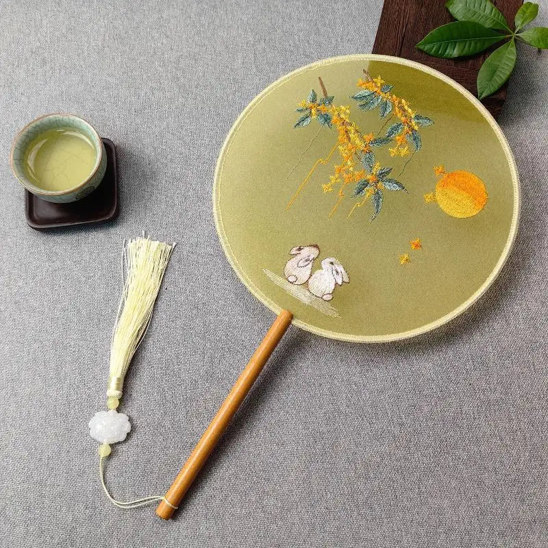 Su Embroidery Silk Round Hand Fan – Wooden Handle & Tassel