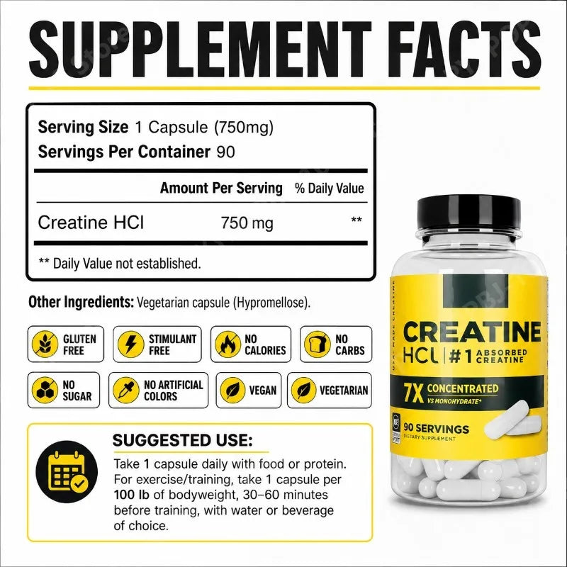 Creatine HCl 750mg 90 Capsules | Vegetarian Non-GMO