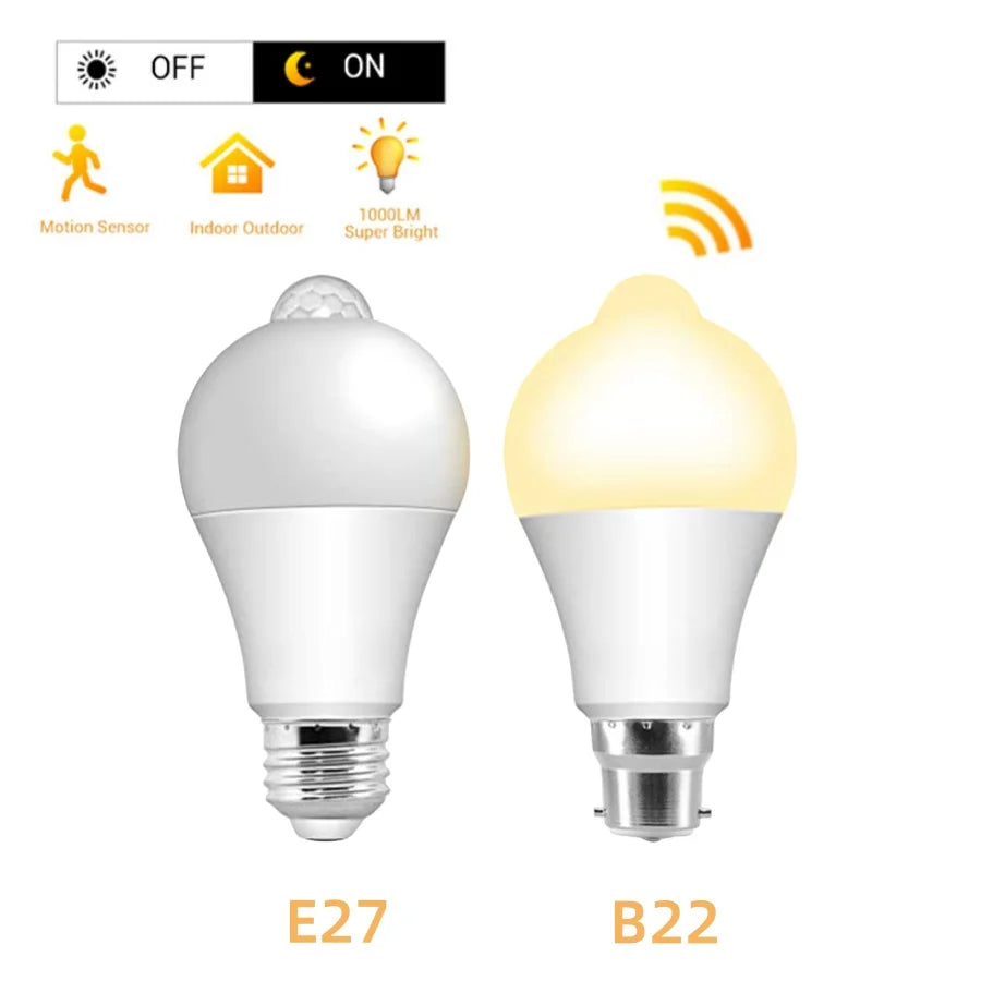 PIR Motion Sensor LED Bulb E27 B22 12W–20W Auto On/Off