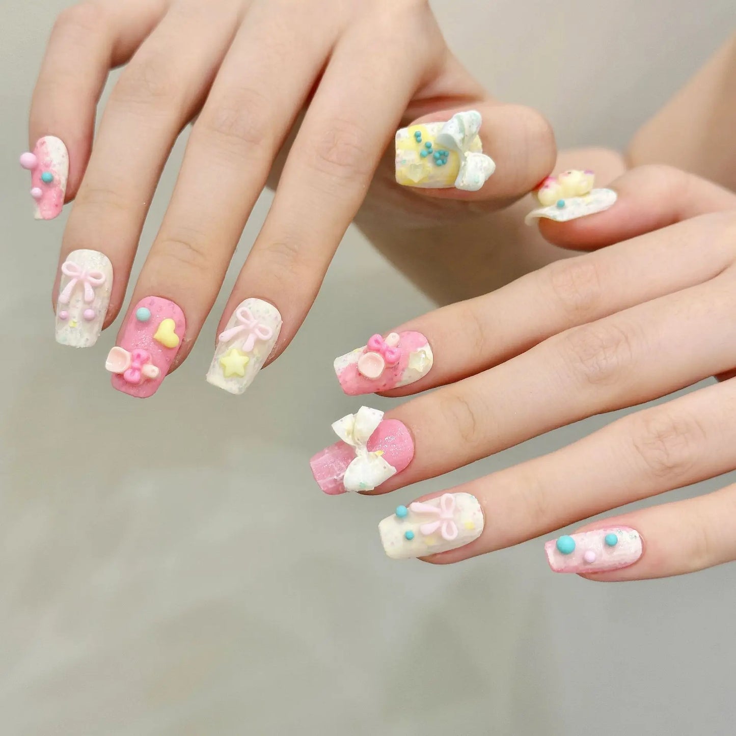 10pcs Handmade Pink Press on Nails Sweet Cute Strawberry Bow Decor Fake Nail Tips Wearable 3D Cute Rabbit Korean False Nails Peaceful Pleasures Health and Wellness