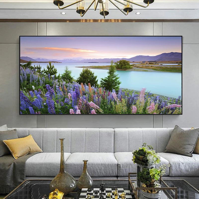Lake Tekapo New Zealand Landscape Picture Canvas Painting Wall Art Lupin Flower Nature Mountain Posters Prints Living Room Decor Peaceful Pleasures Health and Wellness