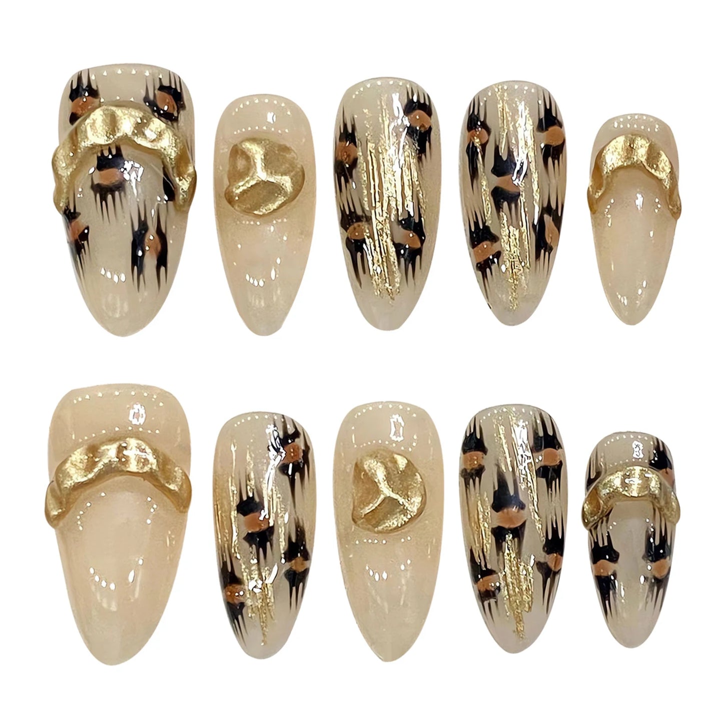 Almond Press On Nails – Leopard Gold Foil French Tips, 10pcs