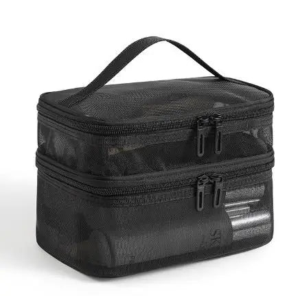 Double Layer Mesh Makeup Bag, Wash Bag, Women's Portable New Large Capacity Storage Bag, Cosmetics Storage Bag Peaceful Pleasures Health and Wellness black