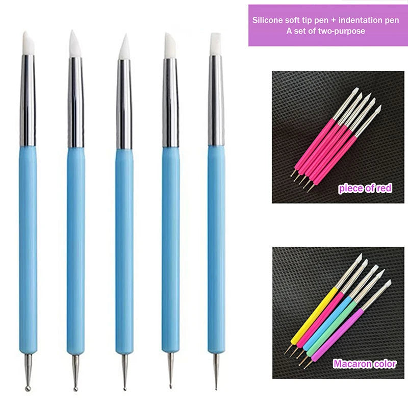 5Pcs 2 Way Nail Art Acrylic Silicone Point Flower Nail Pen Stainless Steel Dotting Tools Marbleizing Painting Pens Peaceful Pleasures Health and Wellness