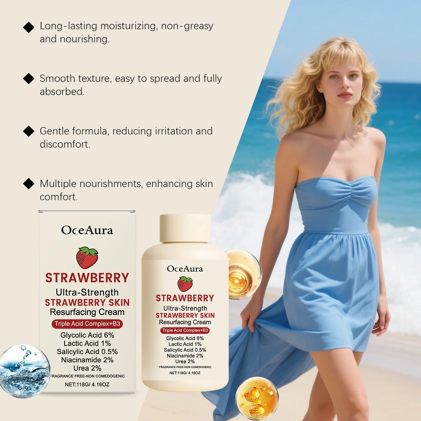 OceAura Strawberry Body Cream | Lightweight Moisturizer 118g