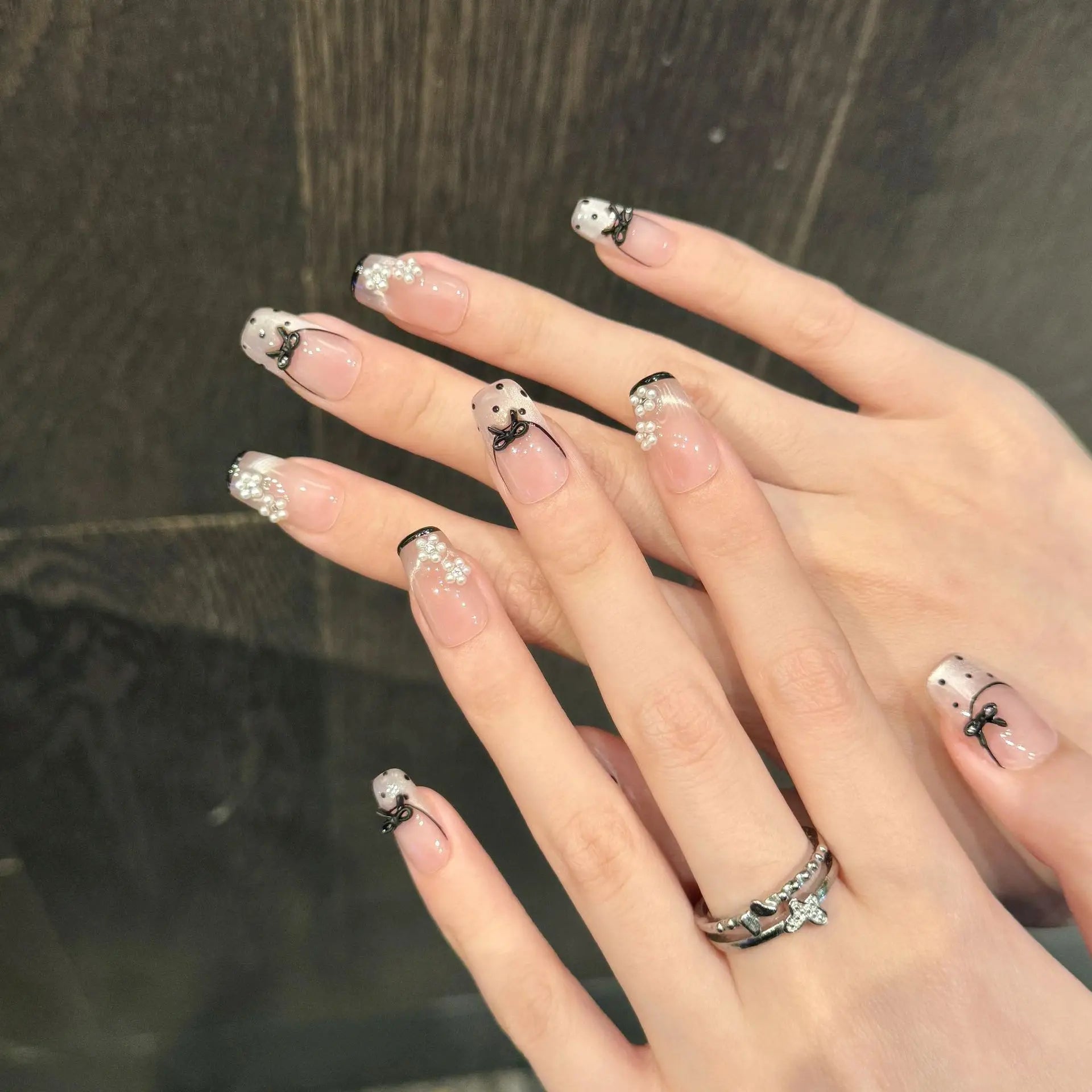 10pcs Handmade Press on Nails Black Bow Design Fake Nails Wearable Full Cover Shiny Nude Pink Cat Eye French Fake Nail Tips Peaceful Pleasures Health and Wellness