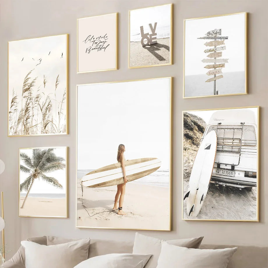 Summer Beach Canvas Wall Art | Surf Landscape Beige Poster Canvas Wall Art Peaceful Pleasures Health and Wellness