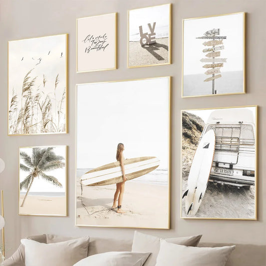 Summer Beach Canvas Wall Art | Surf Landscape Beige Poster Canvas Wall Art Peaceful Pleasures Health and Wellness