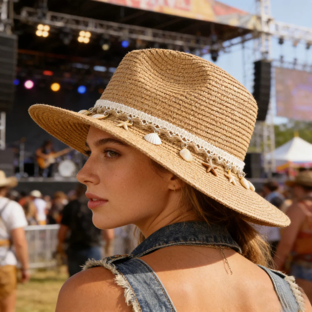 Boho Straw Beach Hat Shell Starfish Decor Wide Brim Unisex Cosplay