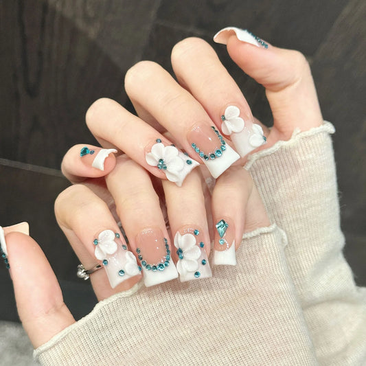 3D Carved Flower Press On Nails | Blue Pink Gradient & Rhinestone Press On Nails Peaceful Pleasures Health and Wellness