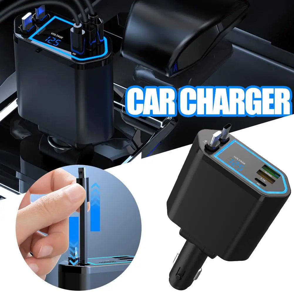 120W 4-in-1 Fast Car Charger – Retractable Cable & 2 USB Ports