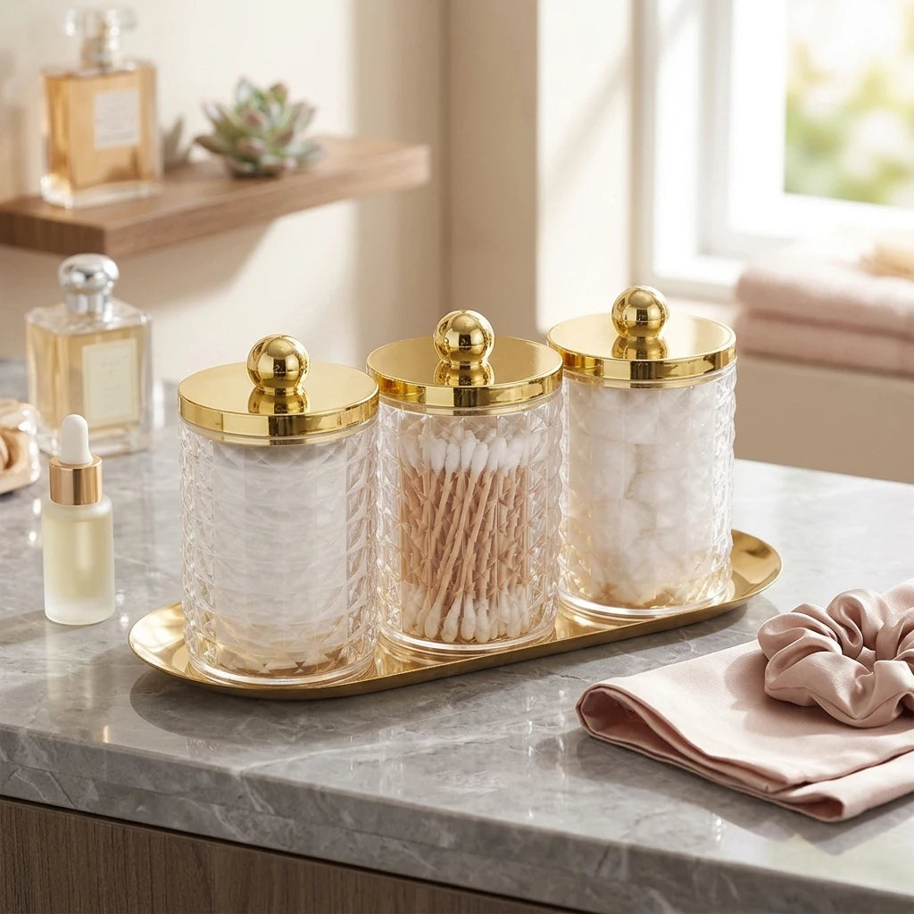 3-Piece Acrylic Q-Tip Holder & Apothecary Jar Set with Vanity Tray – Cotton Organizer with Lids