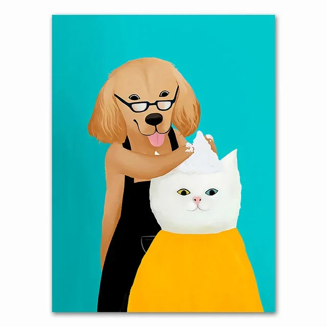 Wall Art Mural Modern Cartoon Cat And Dog Haircut Humor Poster Canvas Painting Hand-Painted Picture Printing Home Room Decor Peaceful Pleasures Health and Wellness 20 50x70cm Unframed