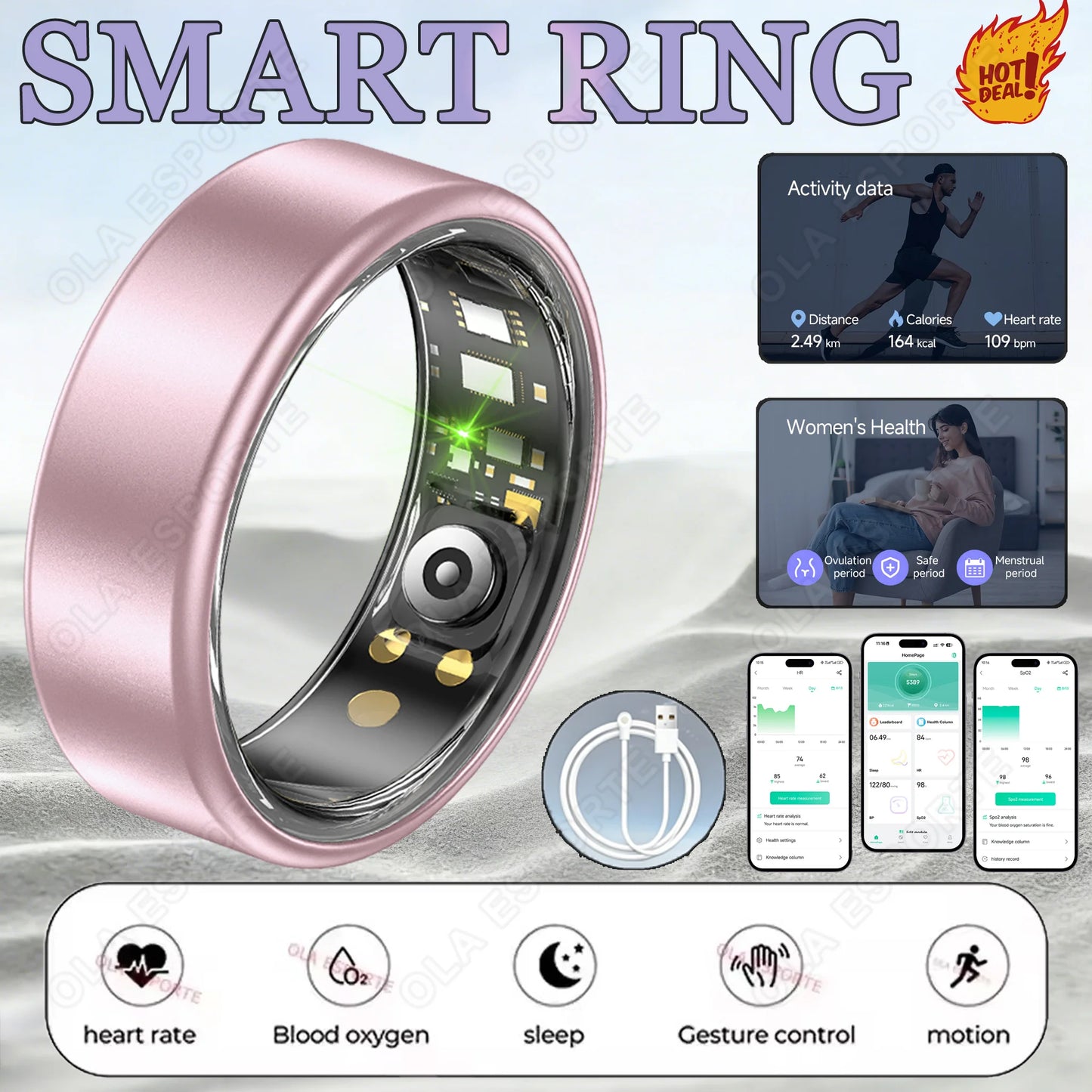 New Smart Ring 2026 Heart Rate Blood Pressure SleepMonitor 5ATM Waterproof Health Ring Men Women Smartring For Android IOS Gift Peaceful Pleasures Health and Wellness Pink 8