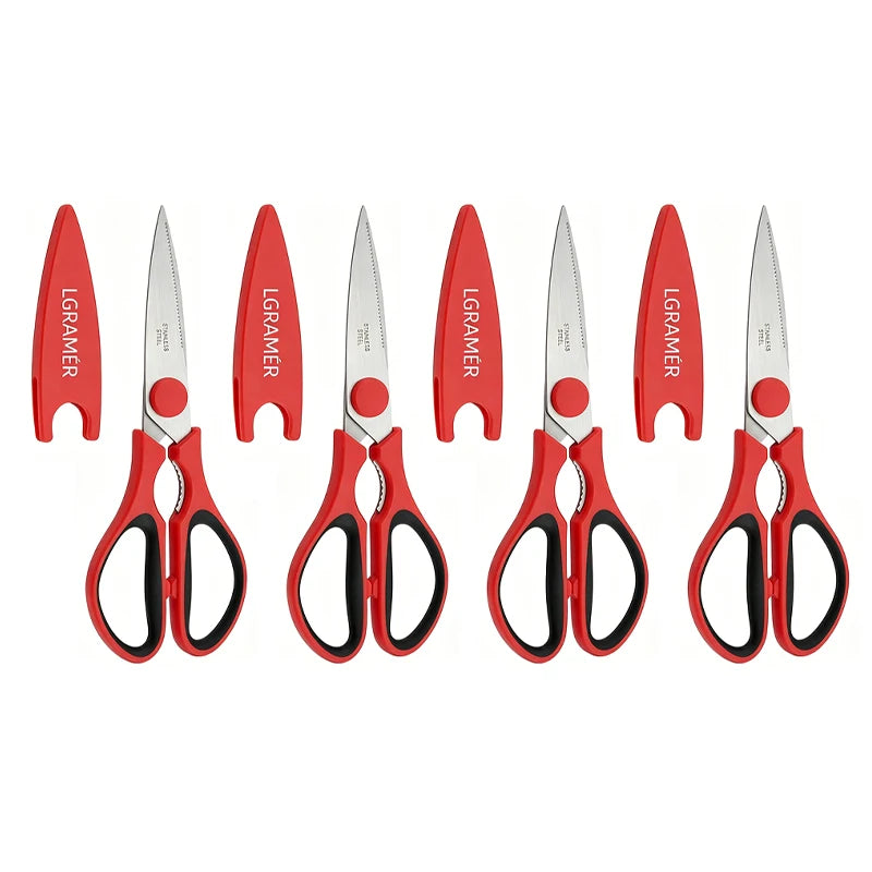 Red Stainless Steel Kitchen Scissors | Serrated Shears & Opener