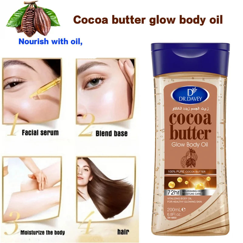 2pcs 200ml Cocoa Butter Glow Body Oil Body Skin Care Oil Moisturizing and Hydrating Four Seasons Suitable for Body Face Hand Peaceful Pleasures Health and Wellness