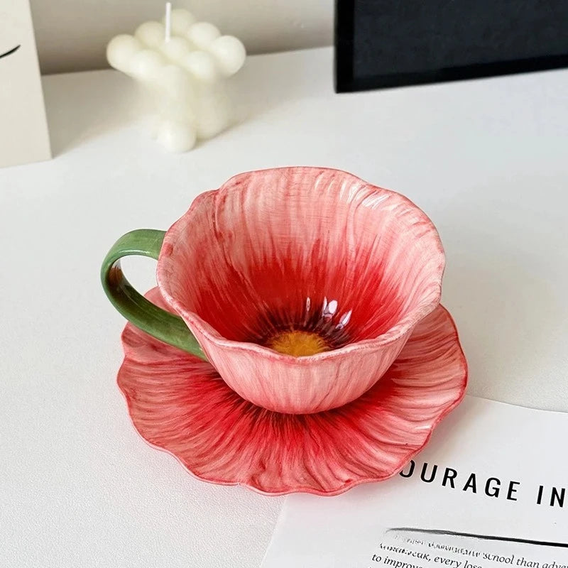 Creative Hand Painted Underglaze Flower Ceramic Coffee Cup and Plate French Retro Petal Afternoon Tea with Cup and Plate Gifts Peaceful Pleasures Health and Wellness red 350ml