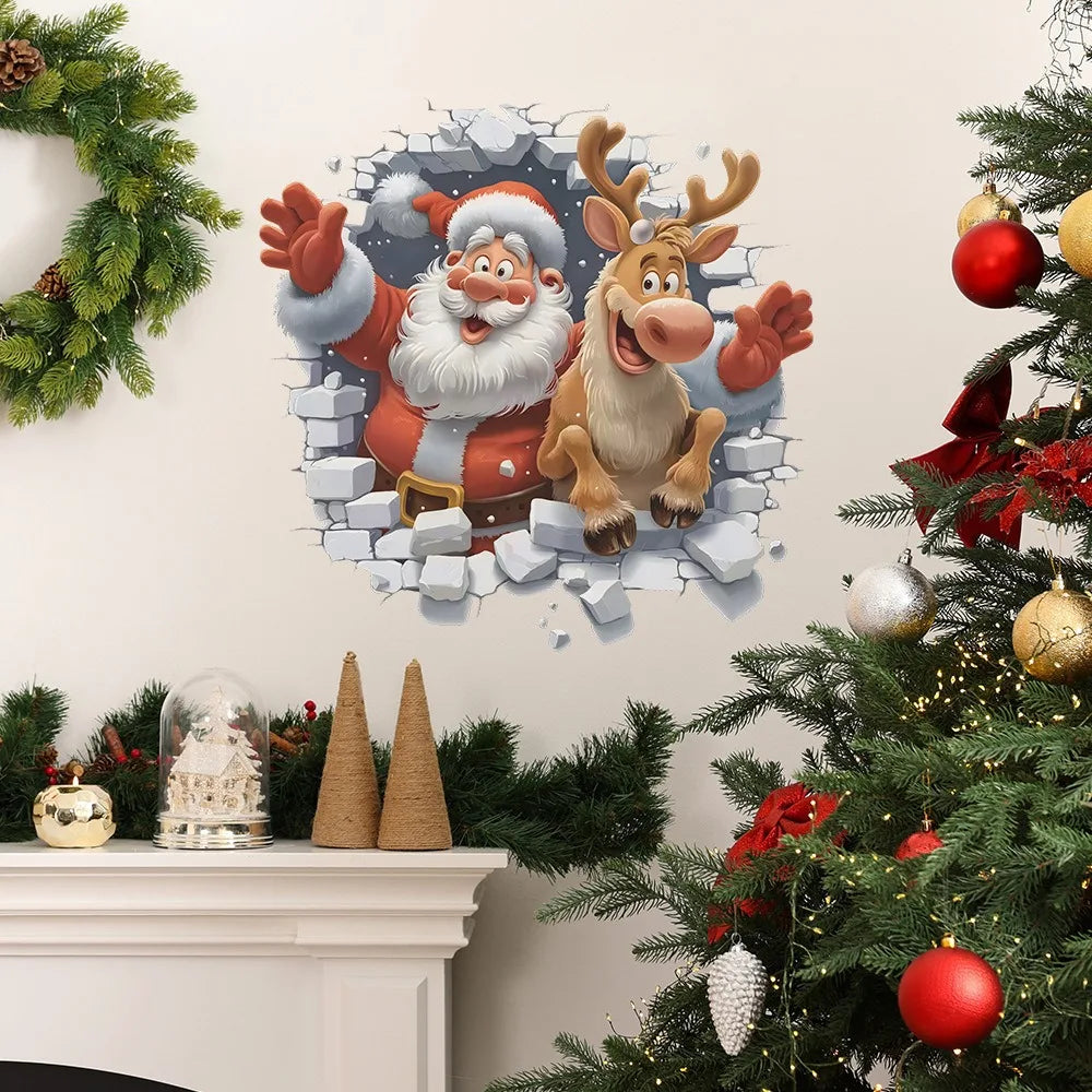 3D Santa & Reindeer Christmas Wall Stickers | Removable PVC