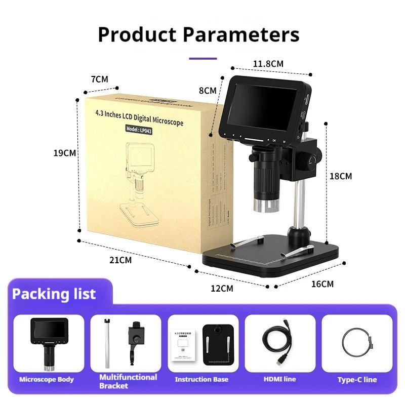 4.3-Inch Electron Microscope Maintenance and Testing, Digital Microscope, Cultural and Toy Identification Microscope Peaceful Pleasures Health and Wellness