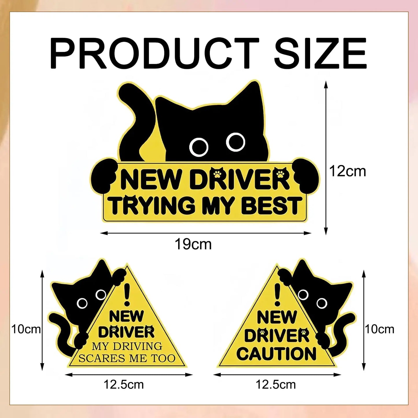 3-Pack Cute Cat New Driver Reflective Safety Car Stickers