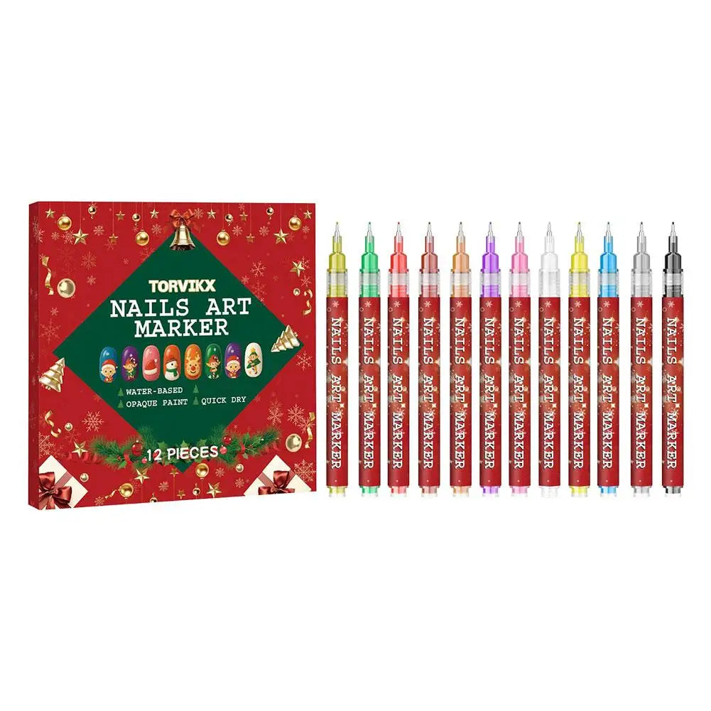 12-Piece Christmas Nail Art Pen Set – Fine Tip Quick-Dry