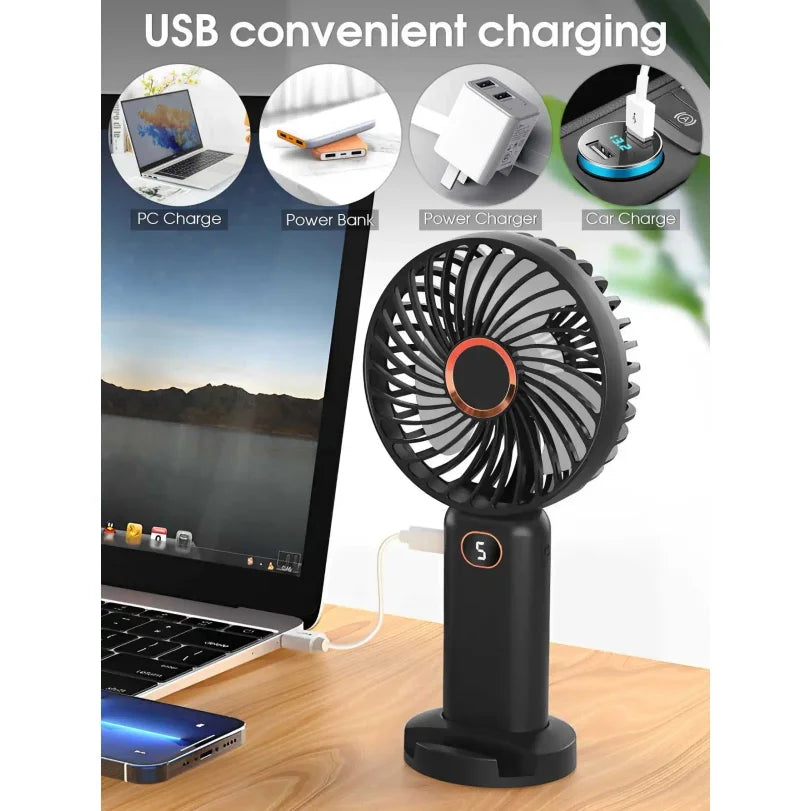 Portable USB Rechargeable Handheld Fan | 5-Speed Digital Display