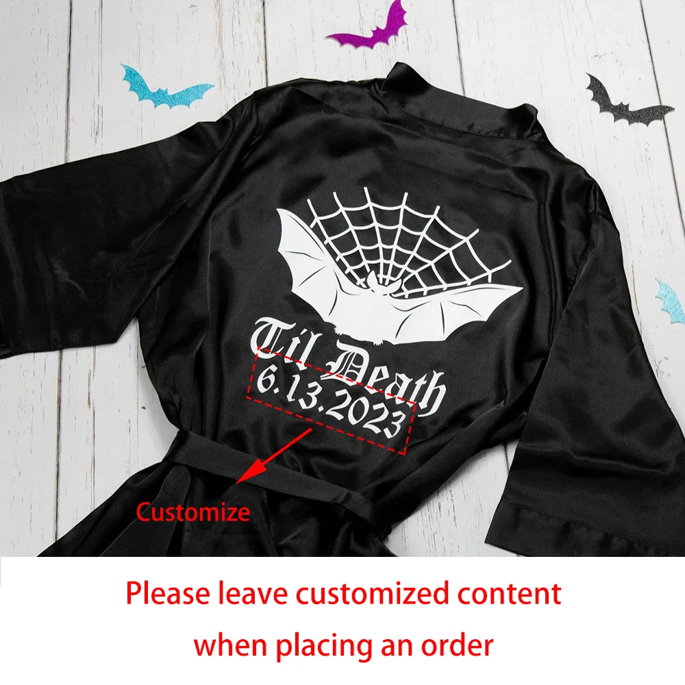 Personalized Black Slasher Robe Till Death Gothic Bat Spider Web Robe Bridal Party Halloween Wedding Scary Bridal Shower Gifts Peaceful Pleasures Health and Wellness 1Pcs Robe S