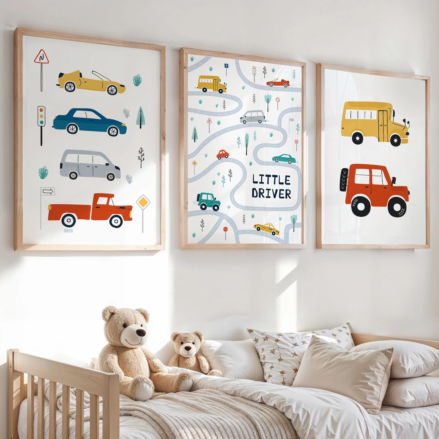 Cartoon Trucks & Cars Canvas Wall Art | Kids Room Decor
