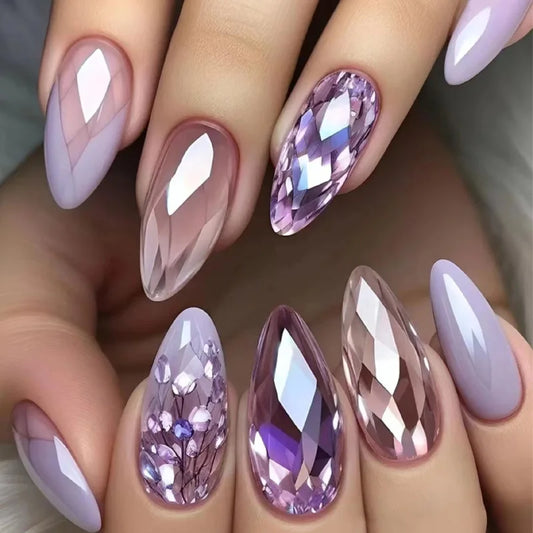 24pcs Purple False Nails with Grid Printed Gradient Purple Fake Nail Tips Full Cover Wearable Ins Franch Almond Press on Nails Peaceful Pleasures Health and Wellness