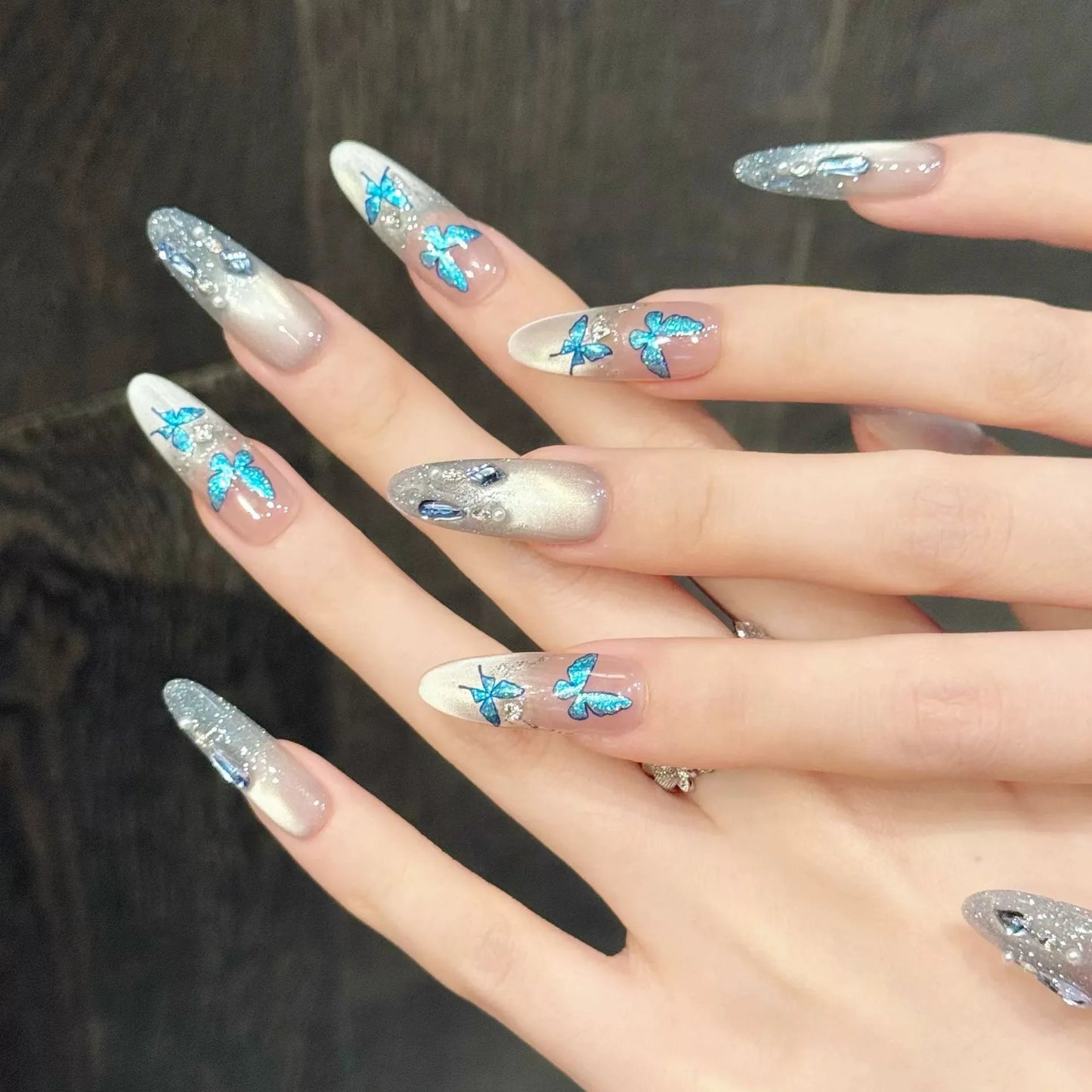 10pcs Handmade Glitter Gradient Press on Nails Sea Blue Butterfly Cat's Eye Fake Nails Wearable Diamond Decor False Nails Tip Peaceful Pleasures Health and Wellness L 1