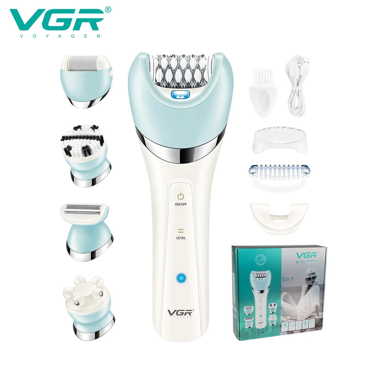 VGR IPX4 Waterproof Five in One Beauty Set Electric Women's Hair Removal Knife Floater Rechargeable Foot Scar Removal Set V-703 Peaceful Pleasures Health and Wellness USB